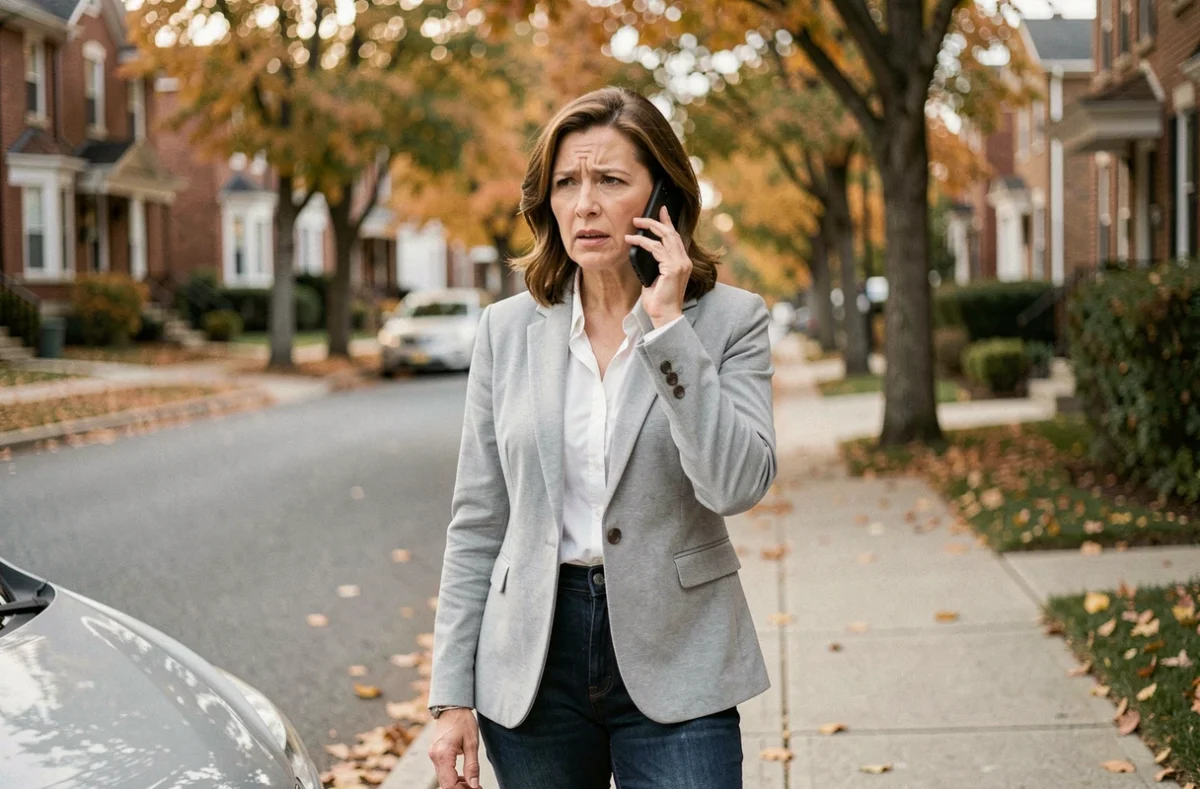 Femme téléphonant à son assurance responsabilité civile après un accrochage de voiture en milieu urbain