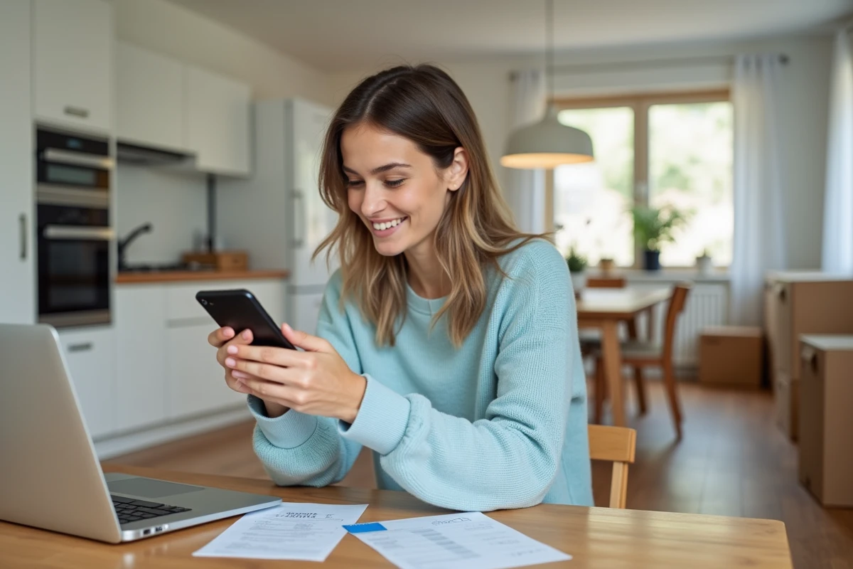Femme utilisant son smartphone dans un appartement moderne