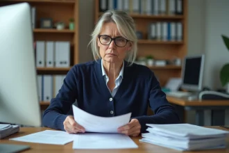 Femme française en bureau examinant sa fiche de paie