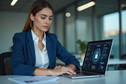 Femme d'affaires en bureau avec application de coffre numérique