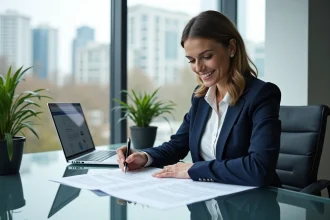 Femme d'affaires consultant des documents juridiques pour créer une société offshore légalement avec france-offshore.fr