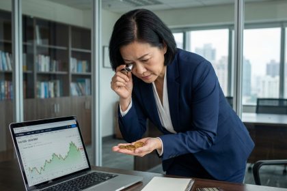 Femme d affaires asiatique examinant des pièces d or