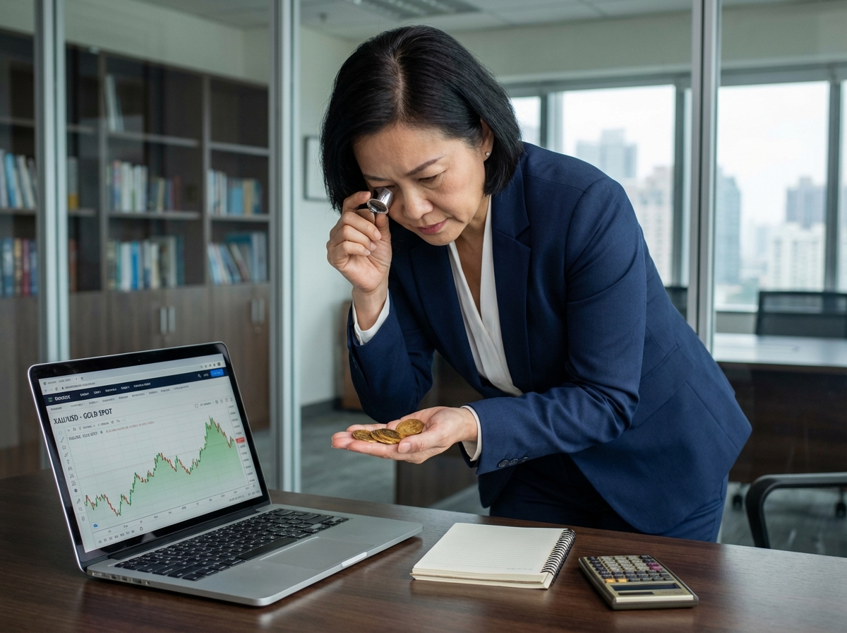 Femme d affaires asiatique examinant des pièces d or