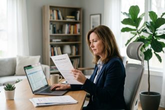 Femme d'affaires à son bureau à domicile en train de vérifier des documents santé