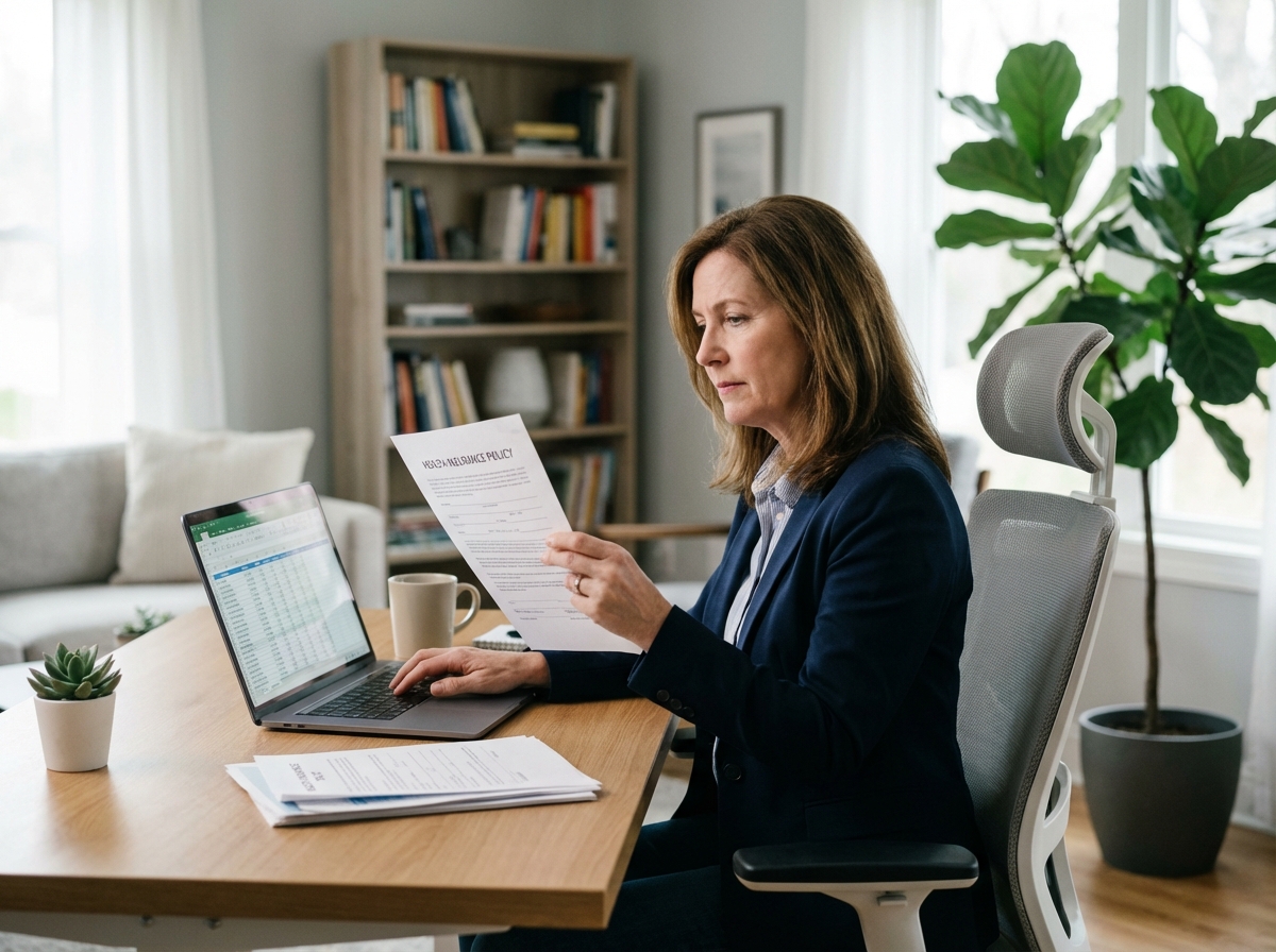 Femme d'affaires à son bureau à domicile en train de vérifier des documents santé