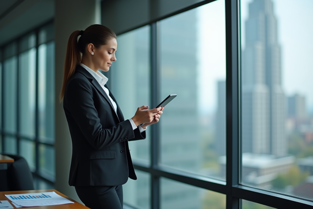 Jeune femme professionnelle consulte des graphiques sur une tablette