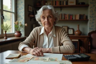 Femme réfléchie avec devises françaises anciennes et papiers