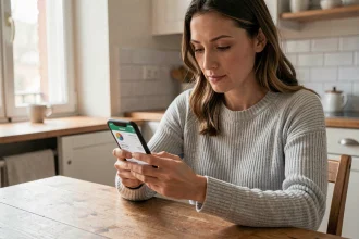 Femme consultant l'application bancaire de la CAF sur son smartphone dans sa cuisine pour suivre la date de virement
