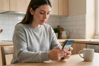 Femme consultant son application bancaire Crcafc sur smartphone dans une cuisine moderne