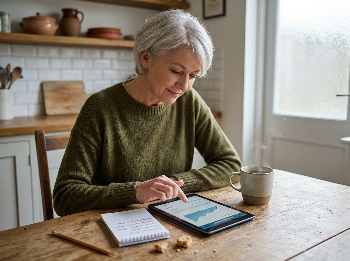 Femme de 52 ans consultant une application de finances personnelles à sa table de cuisine pour gérer son épargne