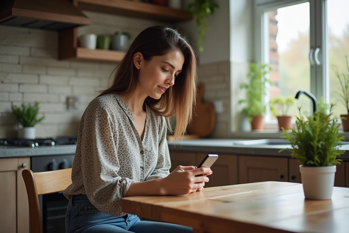 Femme dans la cuisine vérifiant son application bancaire sur smartphone