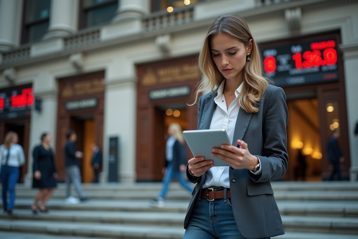 Jeune femme dans la rue regardant une tablette devant la bourse