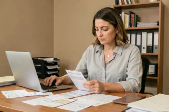 Femme consultant ses bulletins de salaire de l'éducation nationale sur un bureau à domicile