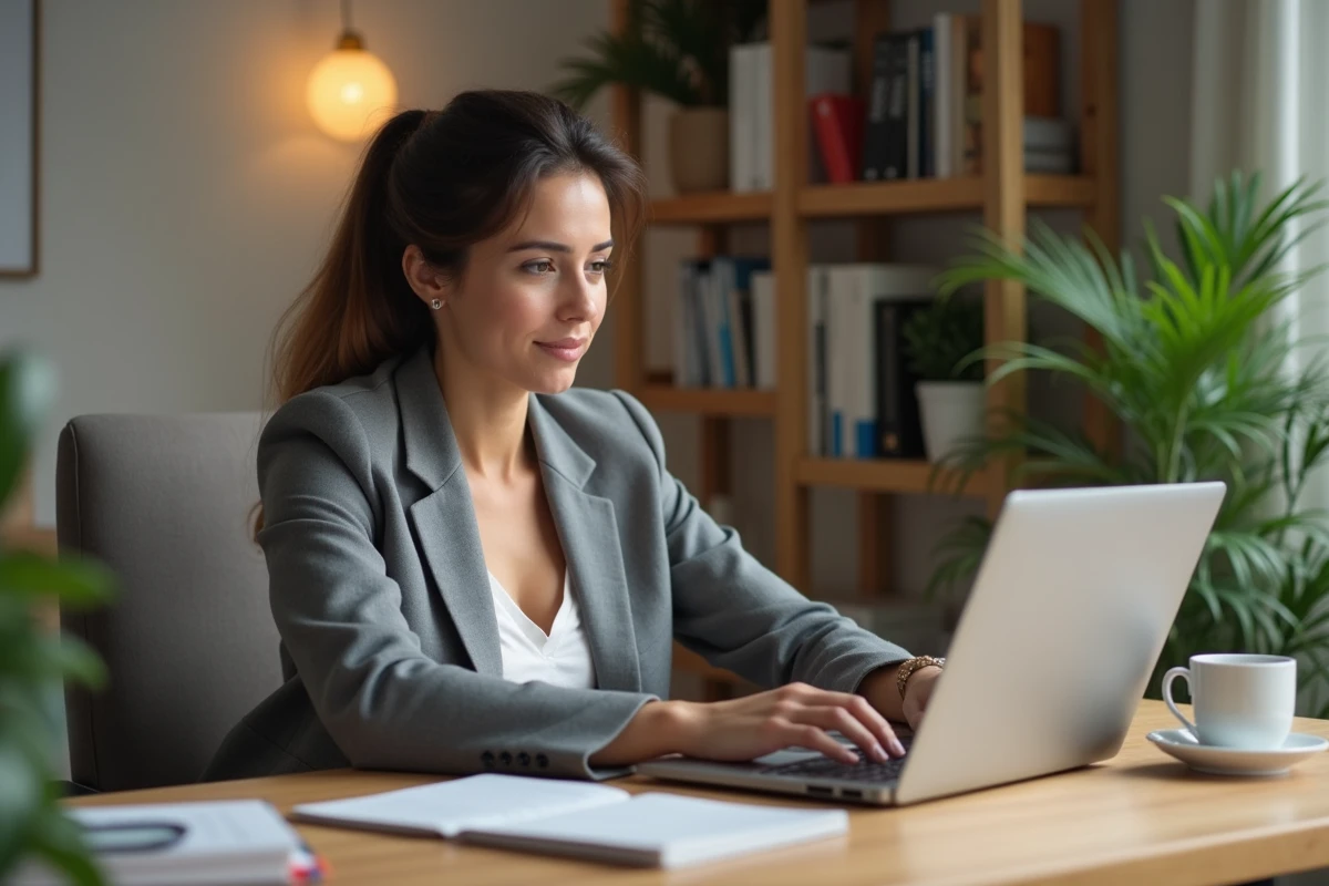Femme d affaires au bureau regardant un site d assurance