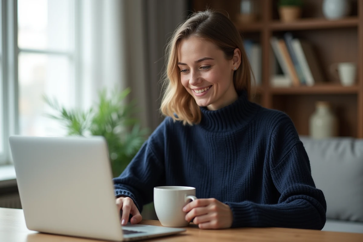 Jeune femme au bureau à la maison souriante et détendue