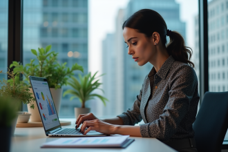 Femme en tenue chic travaillant sur un ordinateur avec dashboard coloré