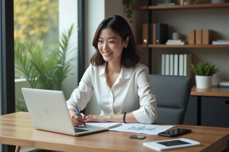 Jeune femme en bureau avec graphiques financiers