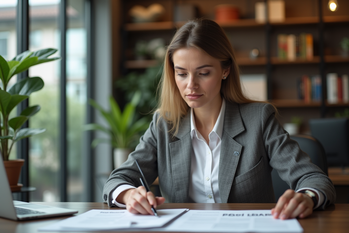 Femme d'affaires concentrée sur documents placement PER