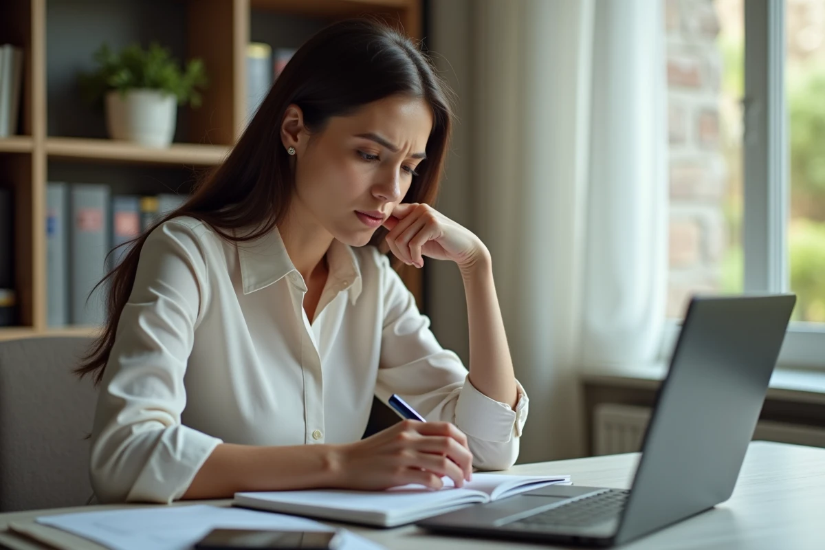 Femme au bureau à domicile concentrée sur son ordinateur