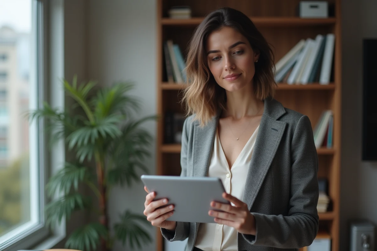 Femme professionnelle utilisant une tablette pour consulter impots gouv