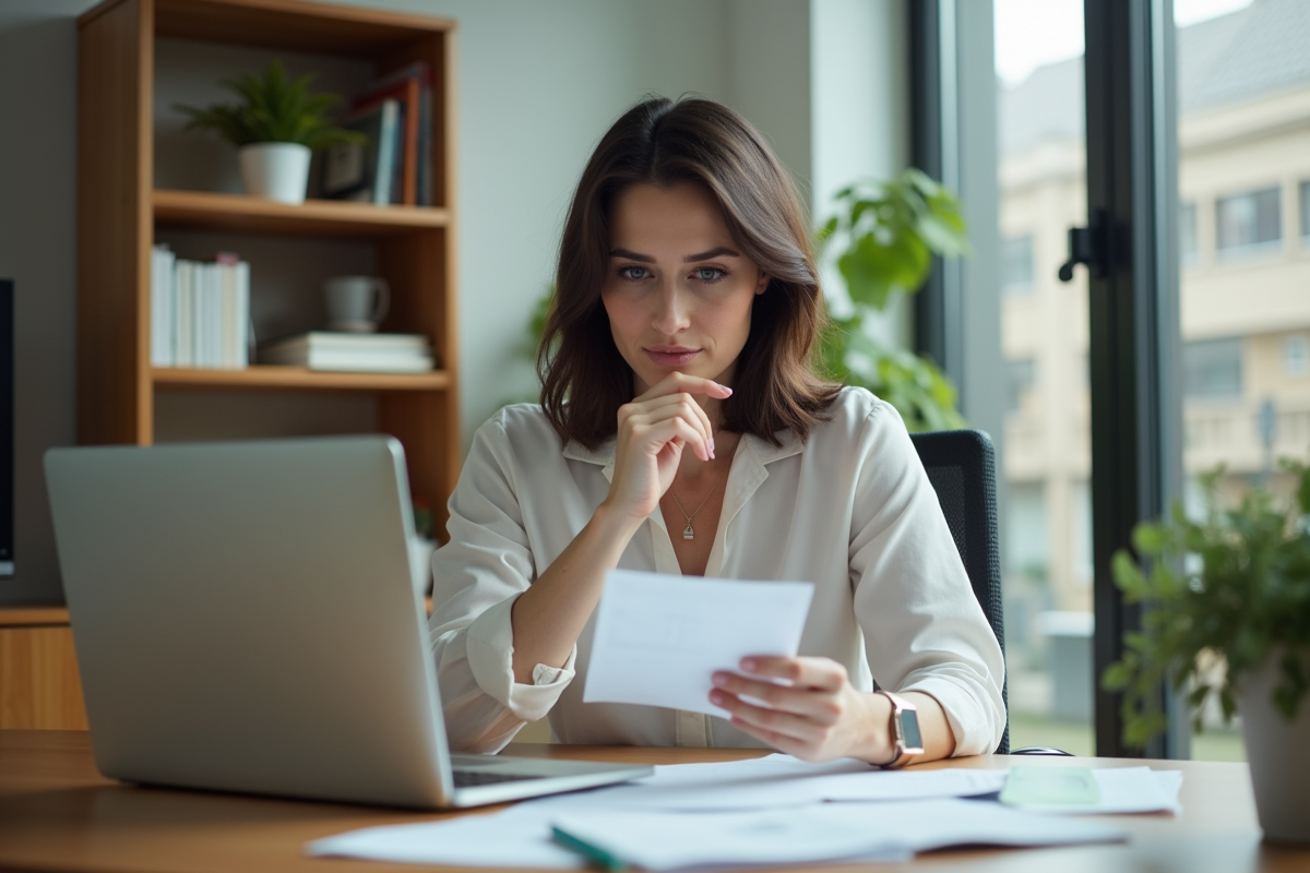Femme en bureau moderne examine des documents et offres de prêt