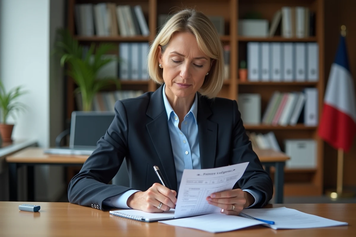 Femme en bureau examinant une fiche de paie dans un environnement officiel