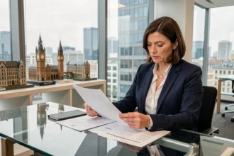 Femme cadre analysant des documents financiers liés aux SCPI étrangères dans un bureau moderne avec vue sur la ville