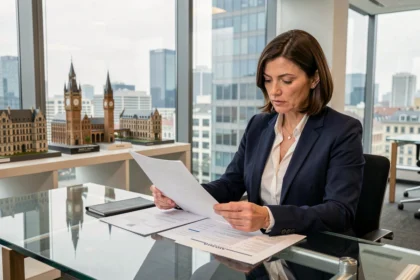 Femme cadre analysant des documents financiers liés aux SCPI étrangères dans un bureau moderne avec vue sur la ville