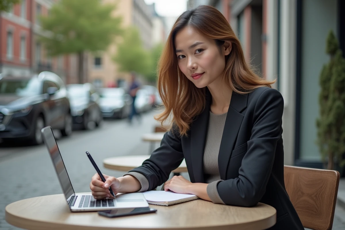 Jeune femme écrit dans un journal en extérieur au cafe