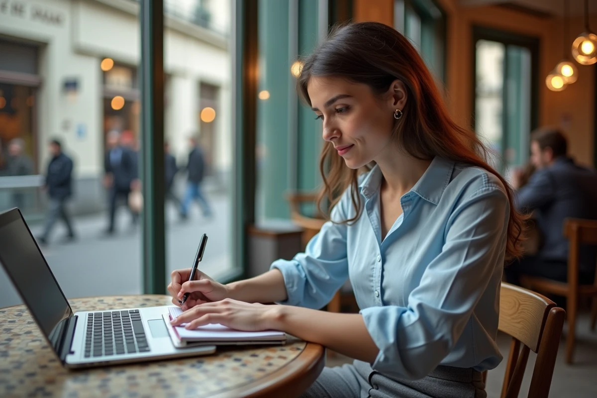 Jeune femme prenant des notes dans un café parisien
