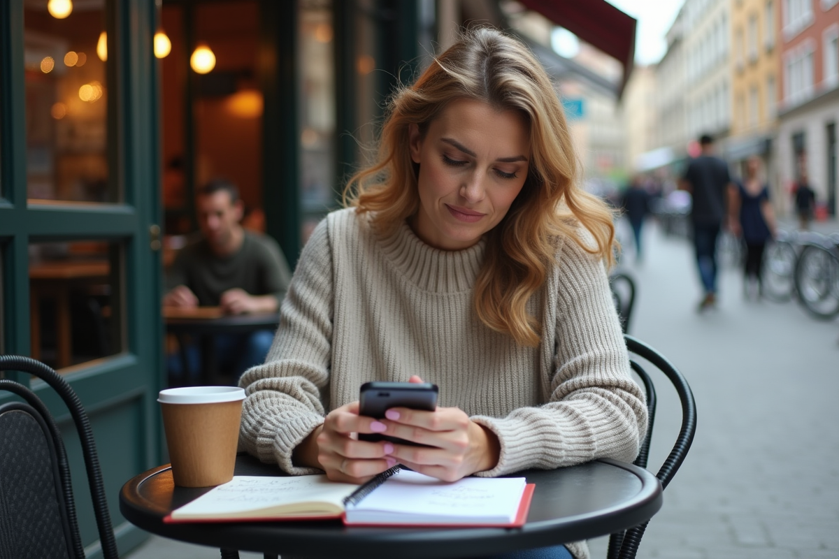 Femme assise dans un café utilisant son smartphone avec un carnet de stratégies