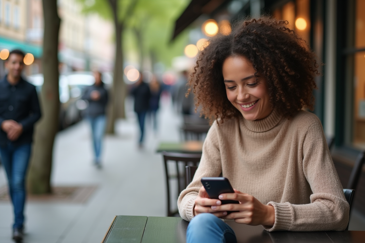 Femme souriante lit des actualites crypto sur son smartphone en extérieur