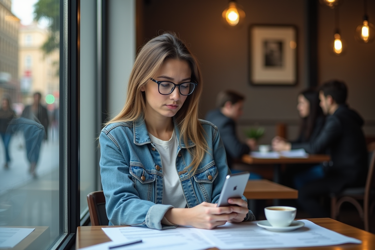 Jeune femme au café vérifiant son smartphone avec inquiétude