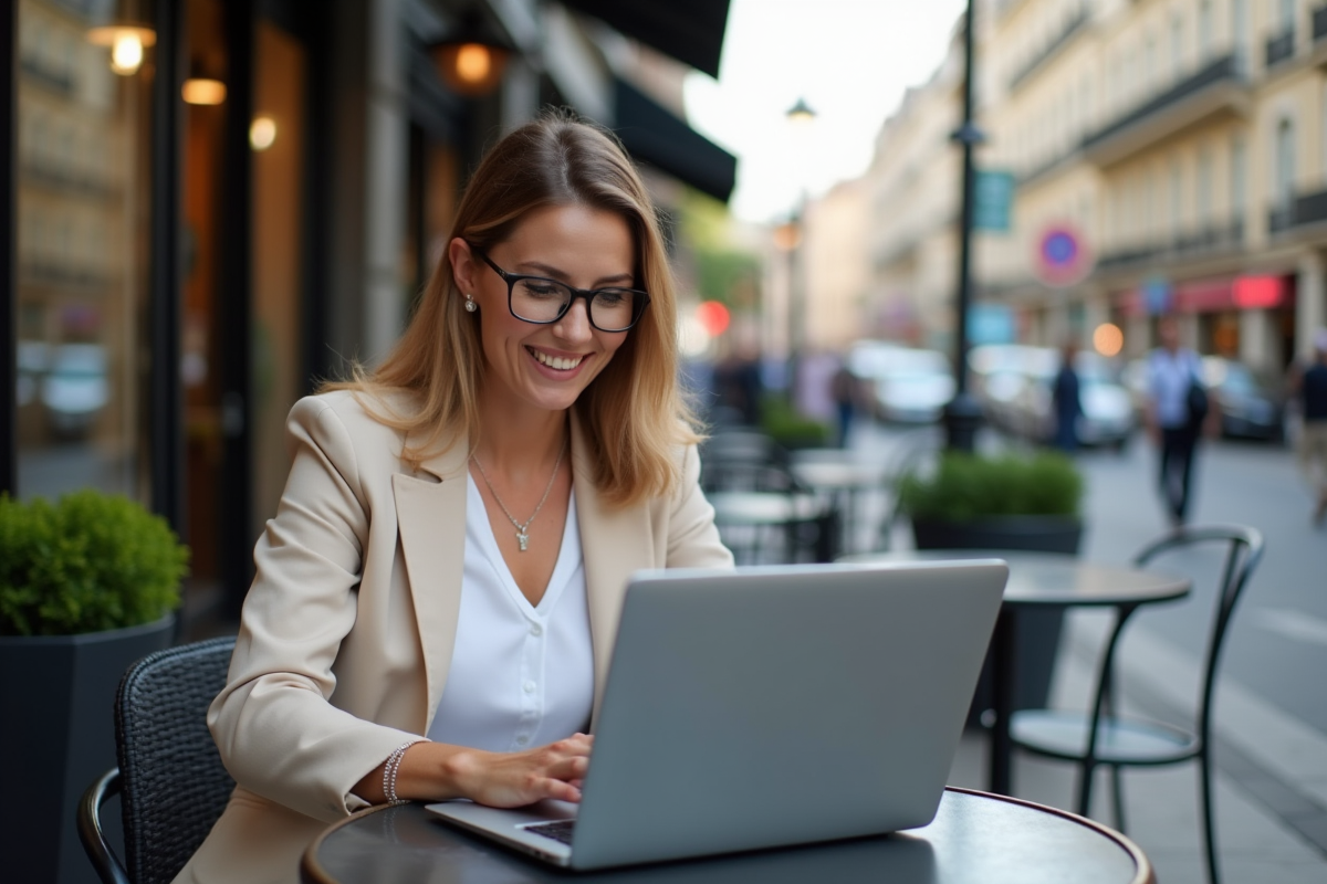 Femme souriante en extérieur consulte ses dividendes sur un ordinateur