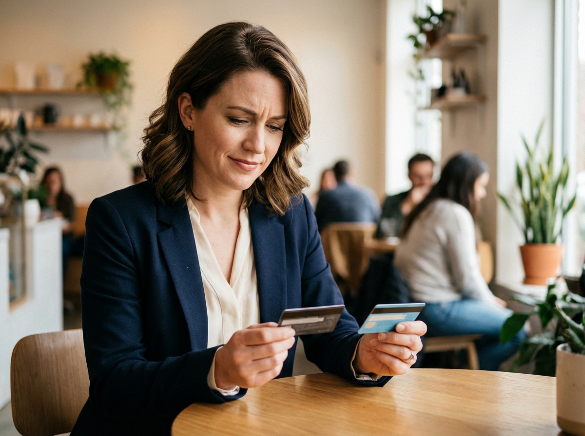 Jeune femme au café compare deux cartes de crédit