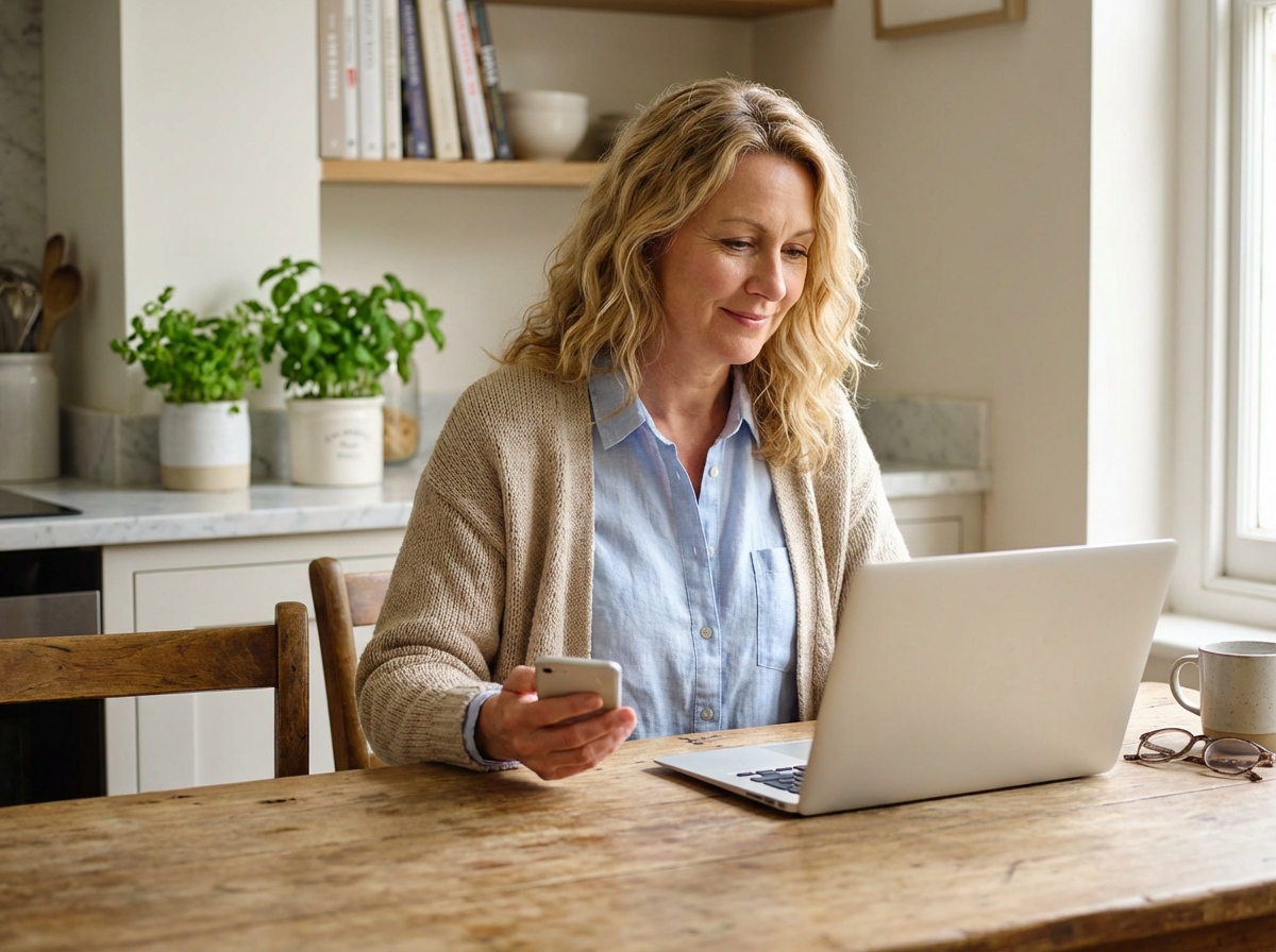 Femme d'âge moyen travaillant sur son ordinateur dans une cuisine lumineuse