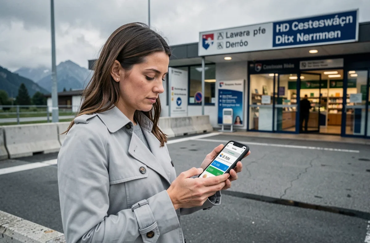 Femme consultant une appli de conversion de devises pour comparer le prix des cigarettes à la frontière suisse