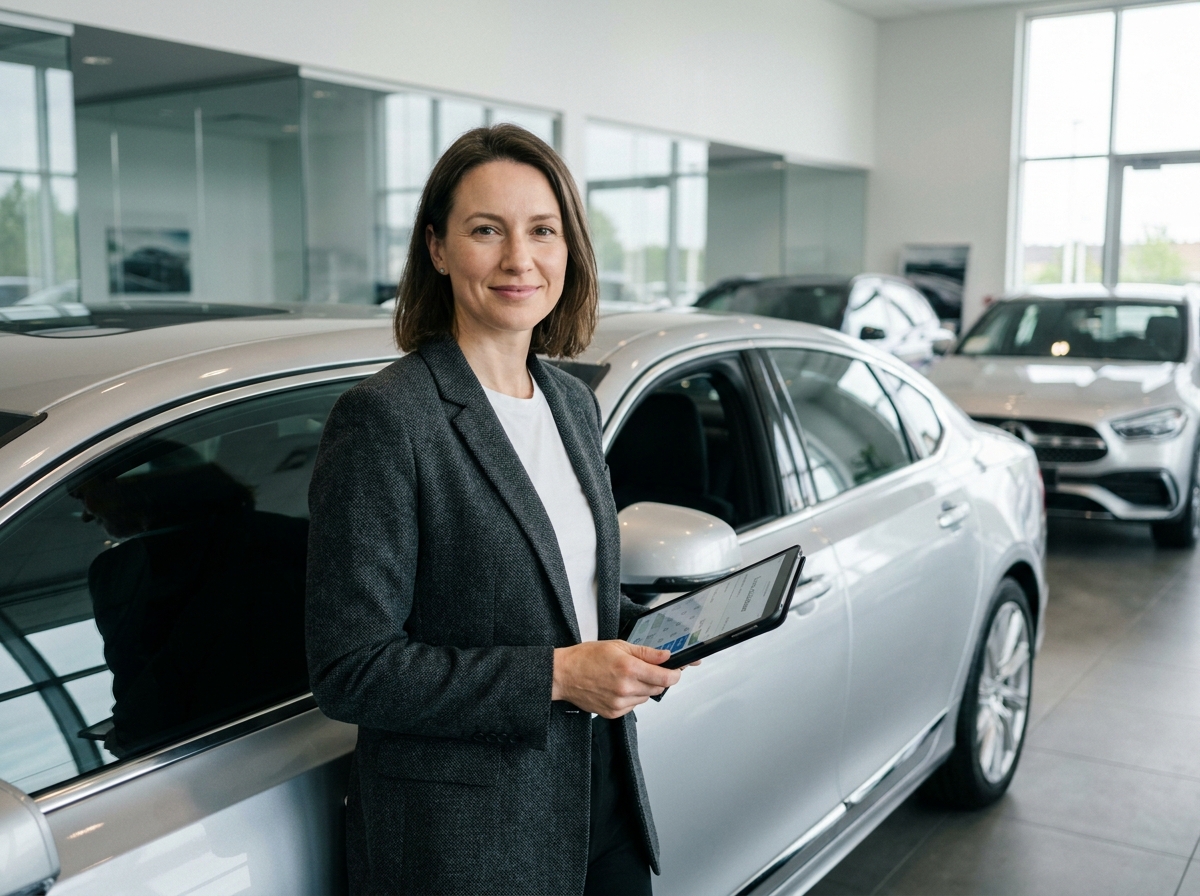 Femme en concession automobile consultant un simulateur de crédit sur tablette pour financer son véhicule intelligemment