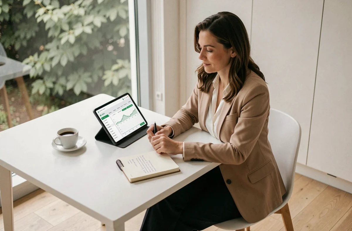 Femme consultant un tableau de bord de portefeuille SCPI sur une tablette à domicile