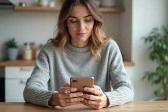 Femme consultant le site LCL particulier sur son smartphone depuis sa cuisine