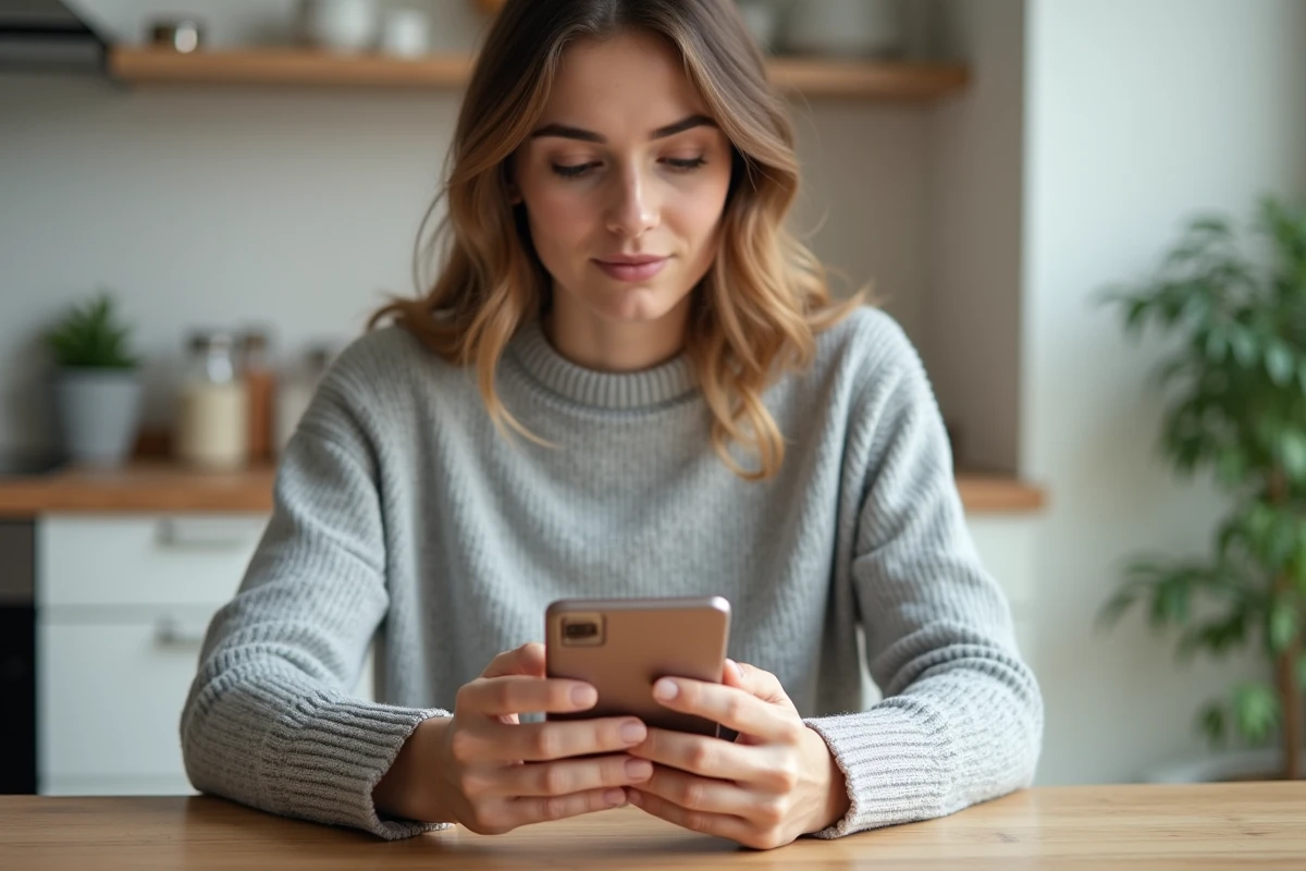 Femme consultant le site LCL particulier sur son smartphone depuis sa cuisine