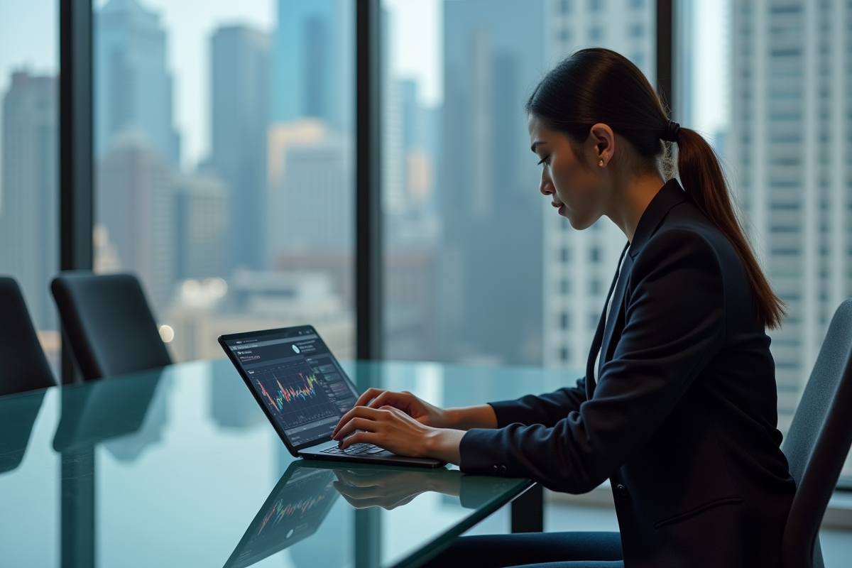 Jeune femme étudie crypto sur tablette en bureau moderne