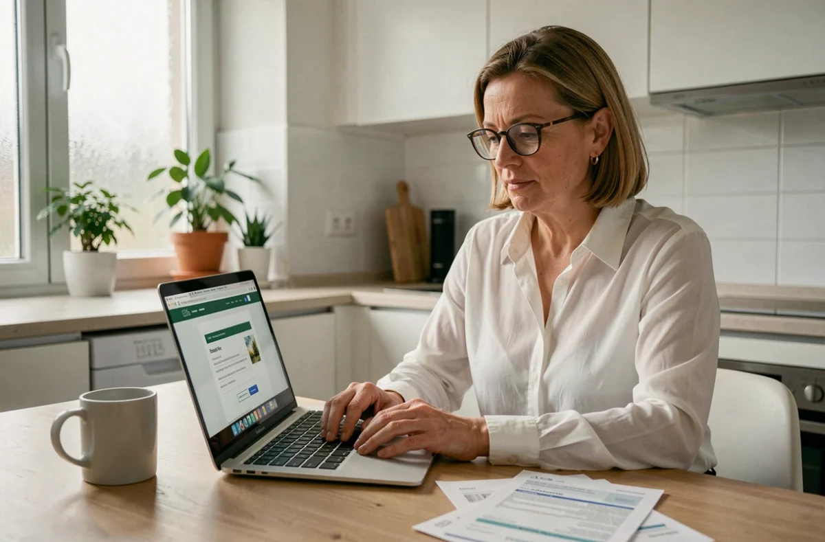 Femme consultant sa déclaration fiscale SCPI sur ordinateur depuis son domicile