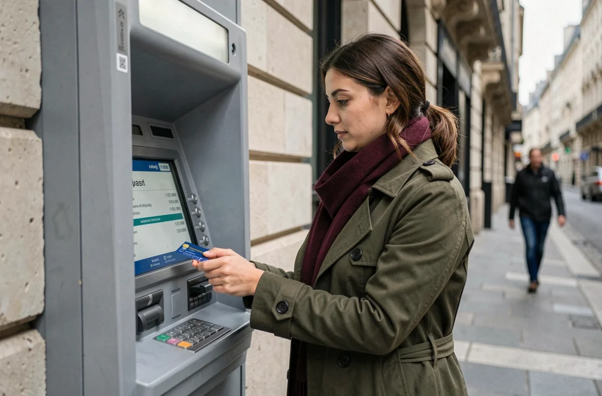 Femme vérifiant son solde bancaire à un distributeur automatique pour confirmer la réception du virement CAF