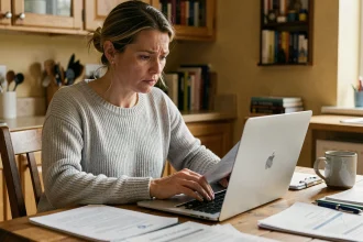 Femme consultant son dossier de versement 1745 sur un ordinateur portable avec des documents administratifs