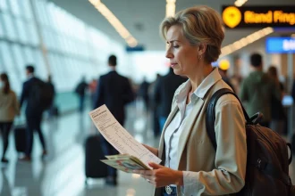 Femme d'âge moyen examine un taux de change à l'aéroport