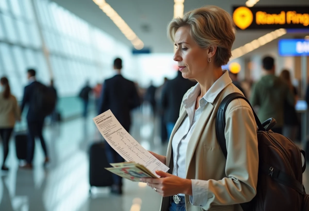 Femme d'âge moyen examine un taux de change à l'aéroport