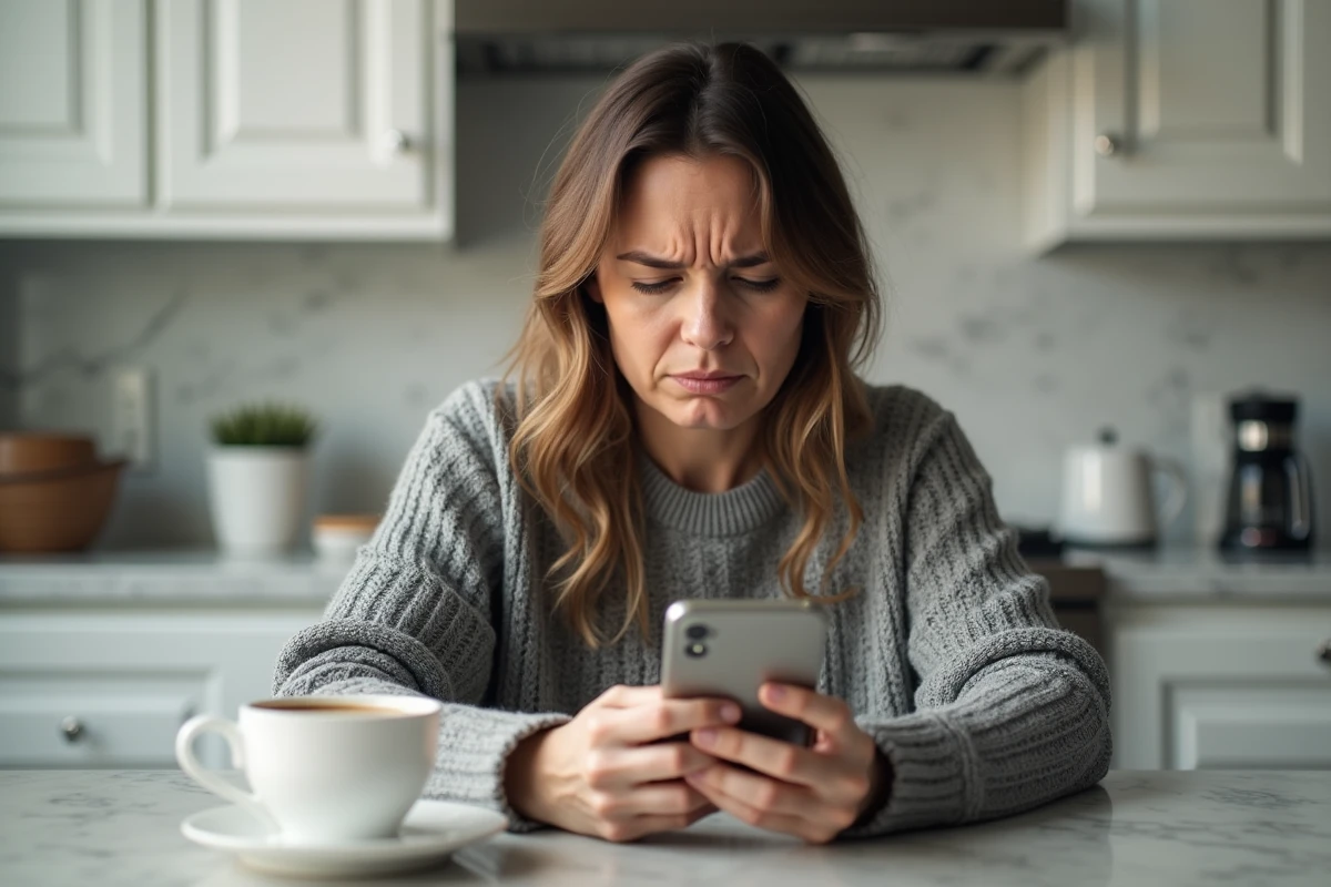 Femme frustrée regardant une erreur de prélèvement sur son smartphone à la maison