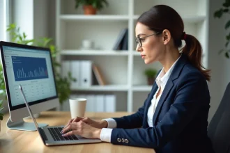 Femme professionnelle consultant son espace client Banque Populaire sur un ordinateur portable dans un bureau moderne