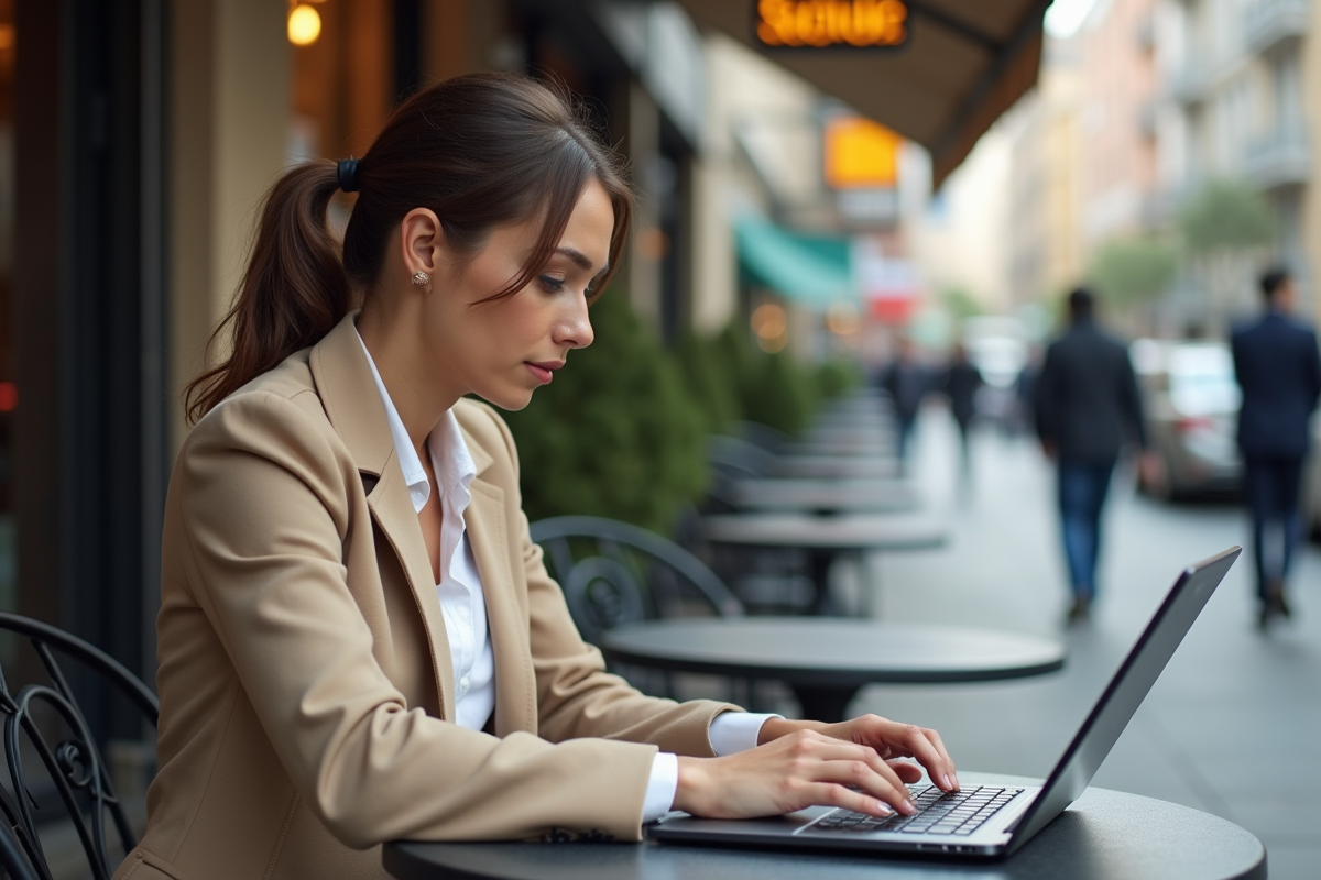 Jeune femme analysant des graphiques financiers en extérieur